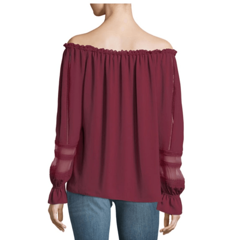 Ramy Brook Thea Off the Shoulder Long Sleeve Chiffon Blouse Top in Burgundy XS