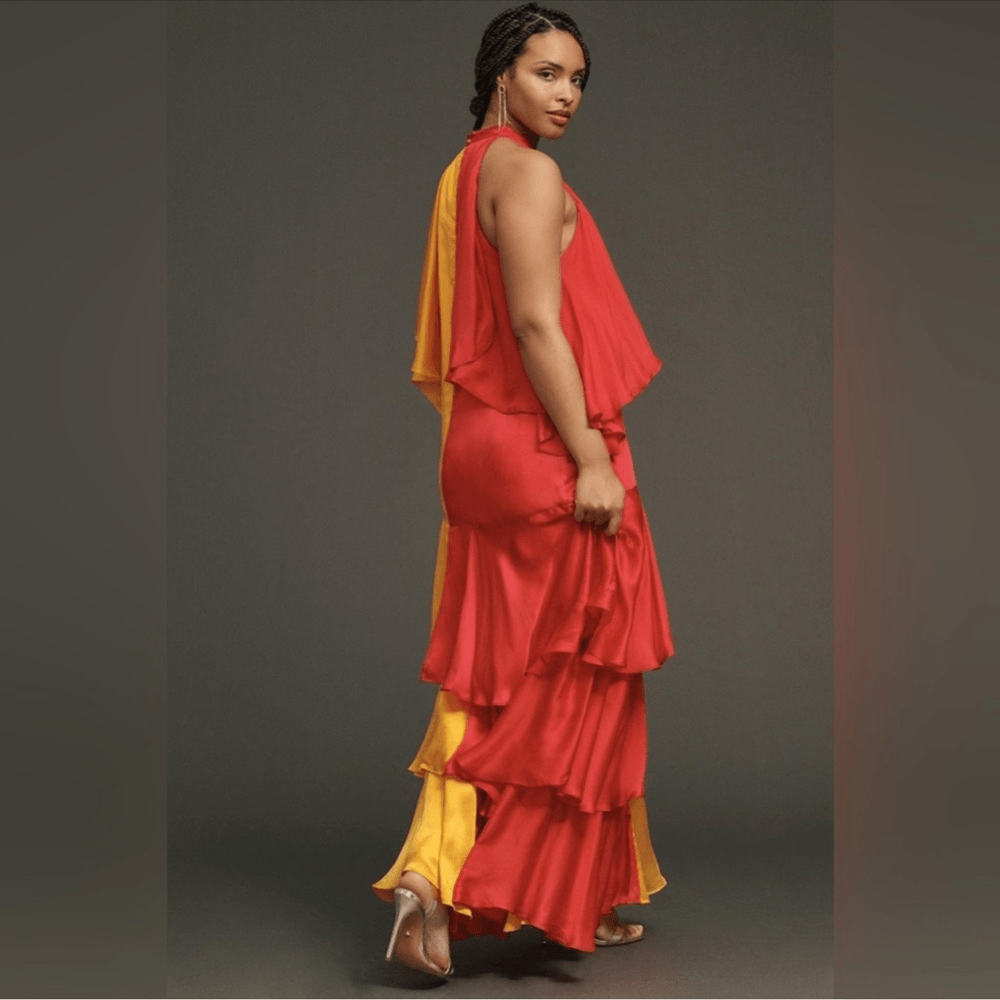 Anthropologie Pinnacle by Shruti Sancheti Mock-Neck Colorblock Ruffle Dress NEW