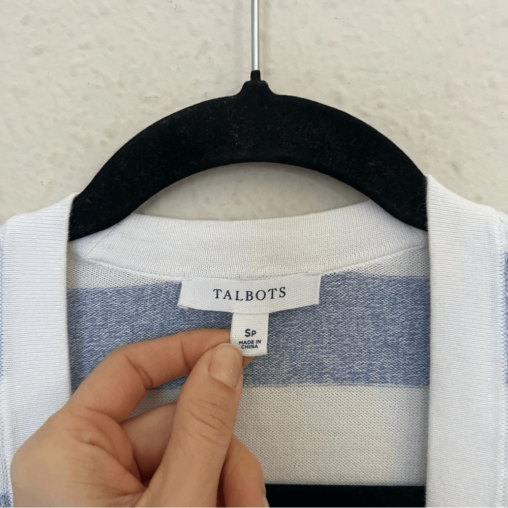 Talbots Striped Blue White Marled Longline Duster Cardigan Pima Cotton Size SP