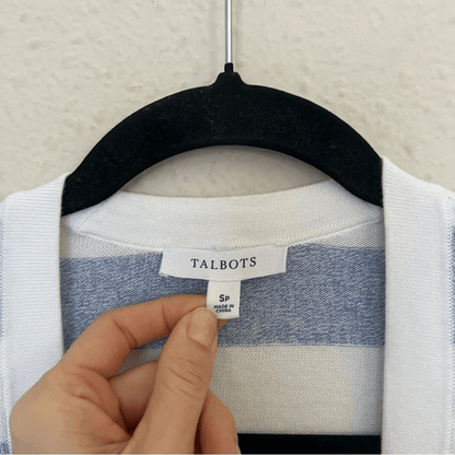 Talbots Striped Blue White Marled Longline Duster Cardigan Pima Cotton Size SP