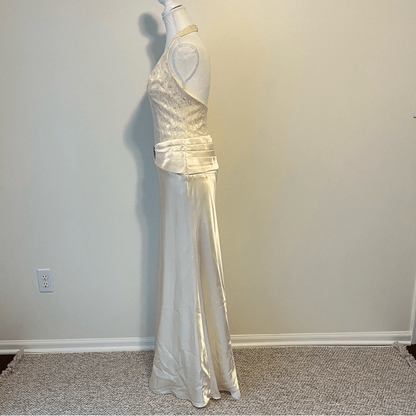 Vintage Butter Yellow Y2K Lace Satin Halter Maxi Dress Size 10