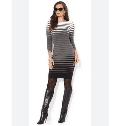 Lauren Ralph Lauren Black Gray & White Stripe 3/4 Sleeve Sweater Dress Size XL