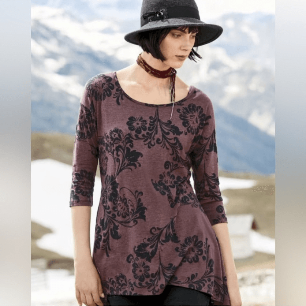 Peruvian Connection Floral Tunic Top Burnout Size Medium 3/4 Sleeve