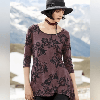 Peruvian Connection Floral Tunic Top Burnout Size Medium 3/4 Sleeve