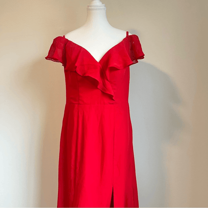 JJs House Red Off the Shoulder Sheath/Column Maxi Chiffon Bridesmaid Dress NEW