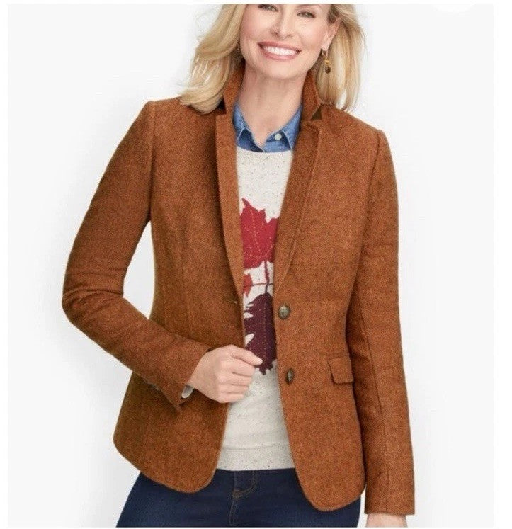 Talbots Shetland Herringbone Wool Blend Blazer Rust Brown Size 16 Classic Career