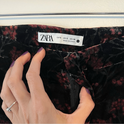 Zara The Charlotte Wide Leg Flare Floral Velvet Trouser  Pants Size Small