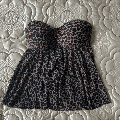 Kona Sol Leopard Print Tankini Swim Top Twist Front Bandeau Flyaway NEW Small