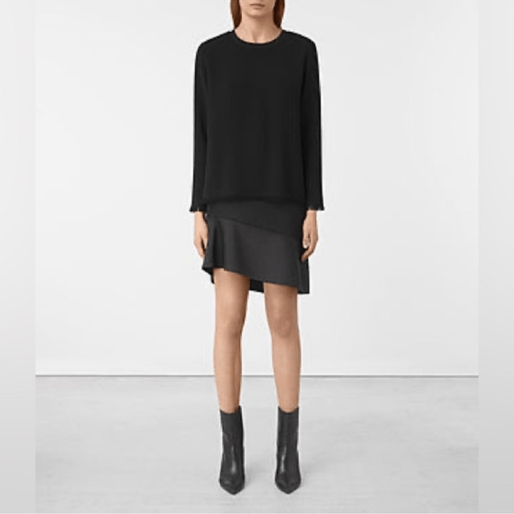 All Saints Long Sleeve Black Mini Dress Layered Asymmetrical Hem Size 0