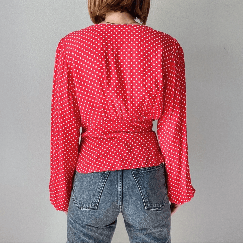 Free People Love Street Red White Polka Dot Long Sleeves Blouse M Retro Romantic
