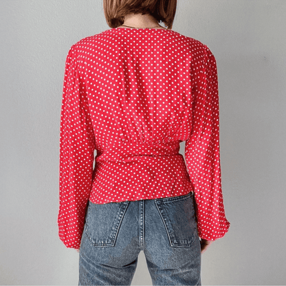 Free People Love Street Red White Polka Dot Long Sleeves Blouse M Retro Romantic