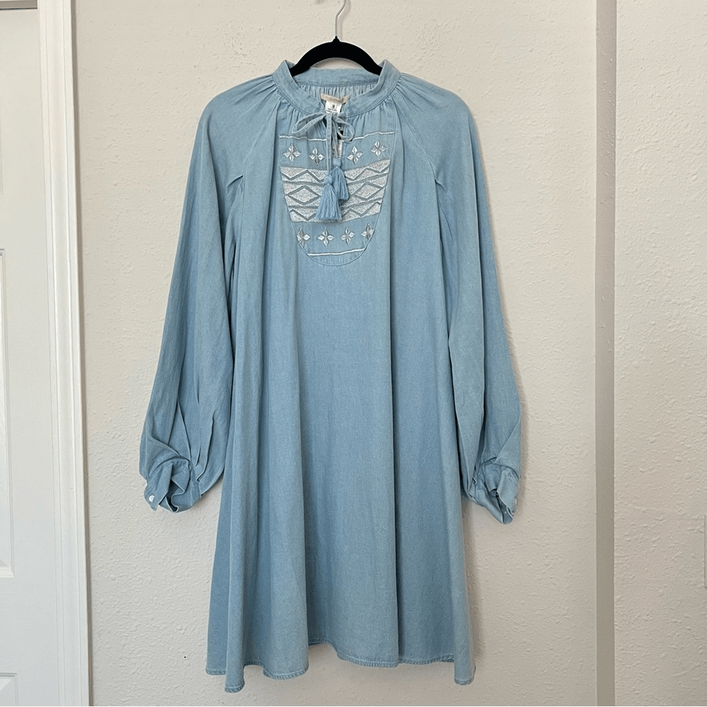 Anthropologie Ne Quittez Pas Denim Tassel Embroidered Swing Dress NEW Size M