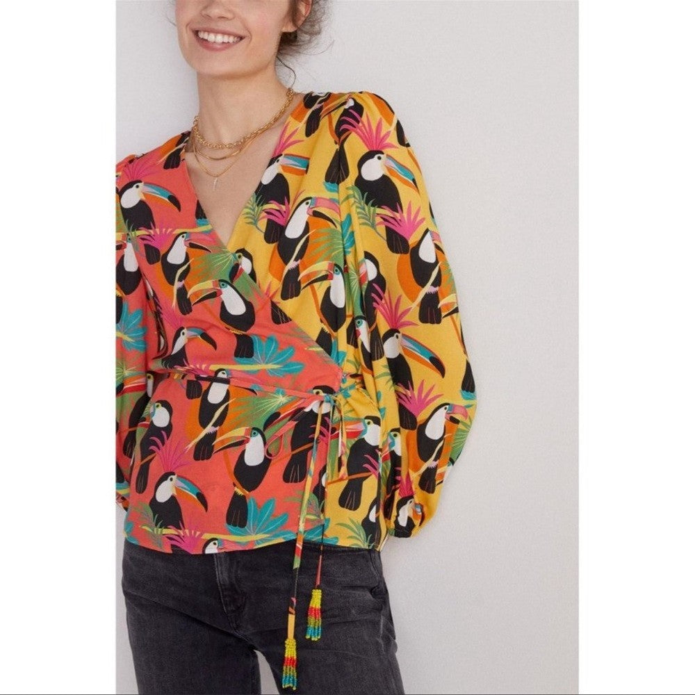 Farm Rio Anthropologie Rainforest Wrap Toucans Tropical Blouse Size Small