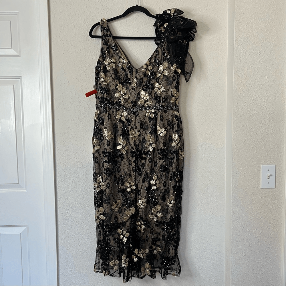 Mac Duggal Floral Embellished V-Neck Midi Dress With Shoulder Bow NEW Size 12