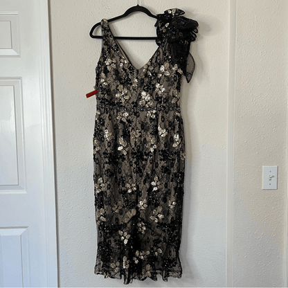 Mac Duggal Floral Embellished V-Neck Midi Dress With Shoulder Bow NEW Size 12
