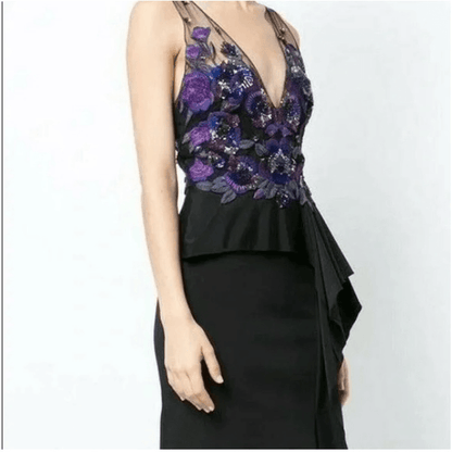 Marchesa Notte Floral Beaded Embroidered Column Gown Maxi Dress NEW Size 10