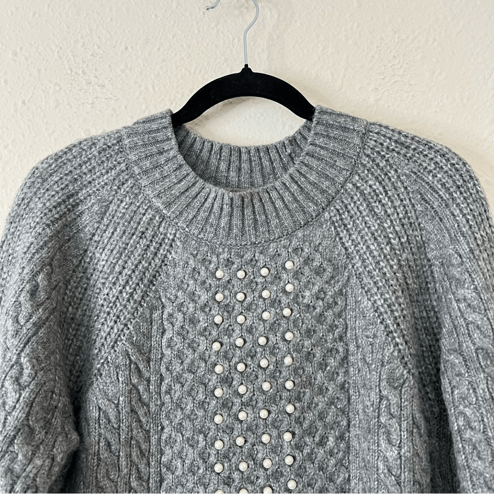 Soft Surroundings Noemi Pearl Cable Knit Sweater Crewneck Gray Size Small