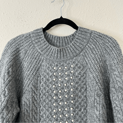Soft Surroundings Noemi Pearl Cable Knit Sweater Crewneck Gray Size Small