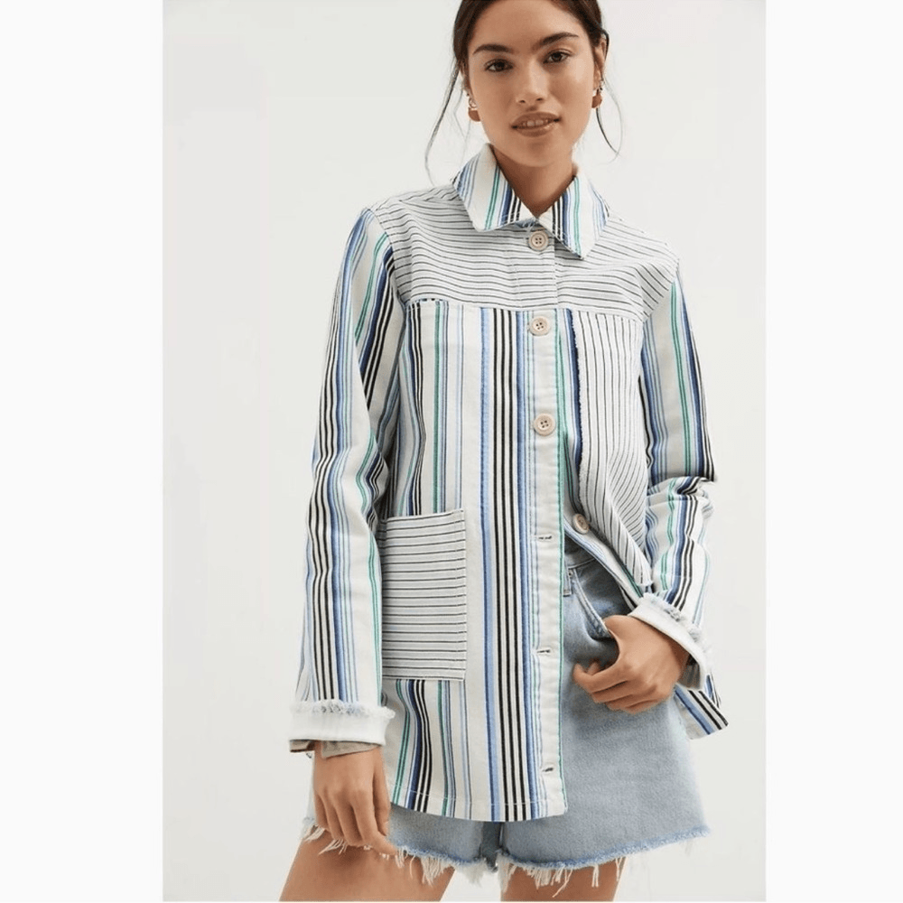Anthropologie Maeve Striped Button Down Shacket Shirt Jacket NEW Size Medium