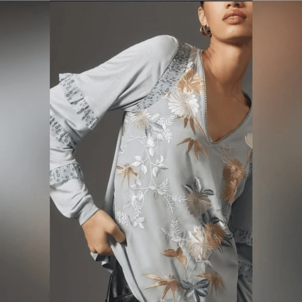 Anthropologie Tiny Frances Floral Long Sleeve Ruffle Blouse Blue Motif Size Larg