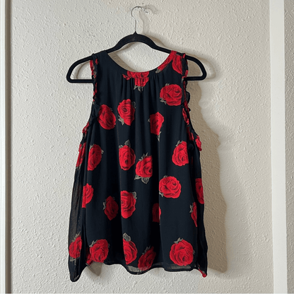 Sanctuary Cold Shoulder Rose Print Long Sleeve Blouse Black and Red Size Medium