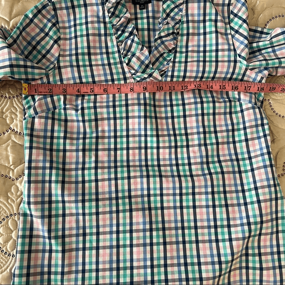 Talbots Ruffle Neck Gingham Shirt Blouse Size 4 Petites