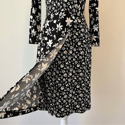Talbots Bicolor Ditsy Wrap Jersey Black and White Floral Dress NEW Size XS