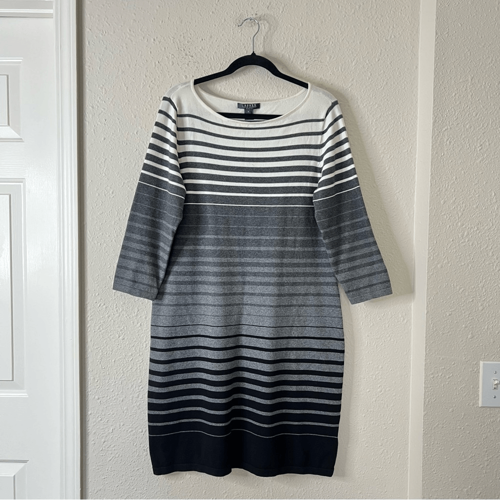 Lauren Ralph Lauren Black Gray & White Stripe 3/4 Sleeve Sweater Dress Size XL