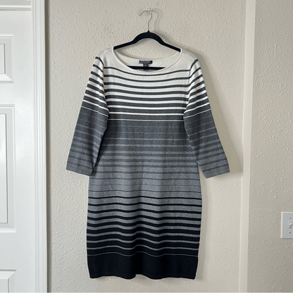Lauren Ralph Lauren Black Gray & White Stripe 3/4 Sleeve Sweater Dress Size XL