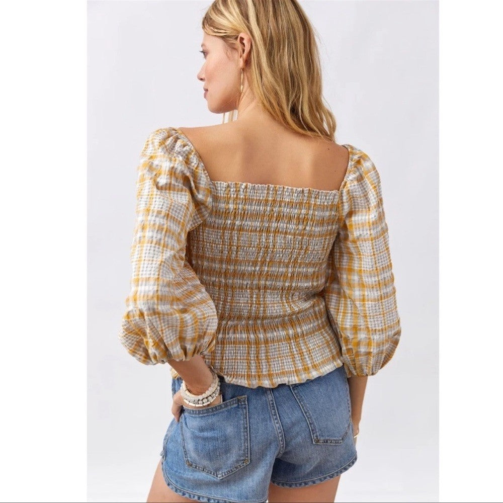 Anthropologie Maeve Neutral Plaid Square-Neck Blouse NEW Size Medium