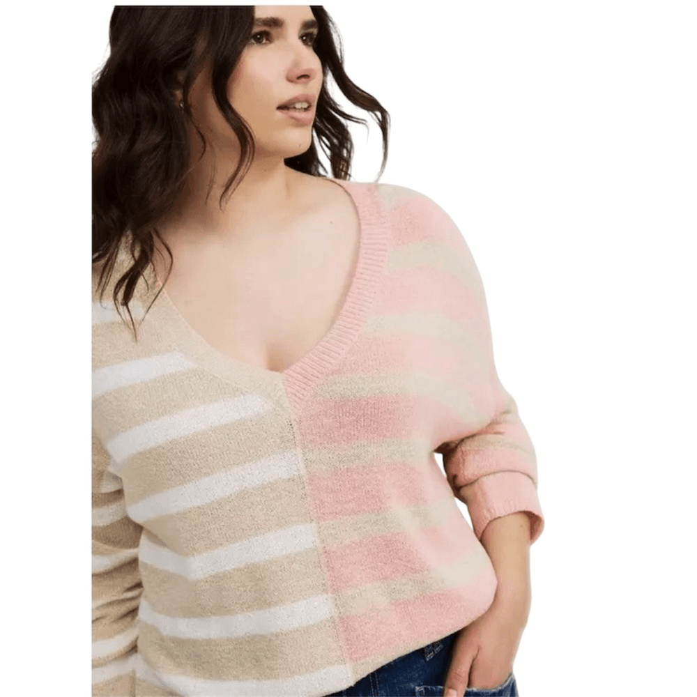 Torrid Striped V-neck Pullover Sweater Size 2X in Cream and Pink