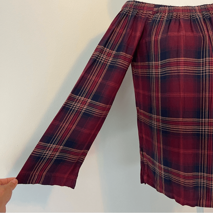 Anthropologie Cloth & Stone Homestead Plaid Off the Shoulder Top Small Burgundy