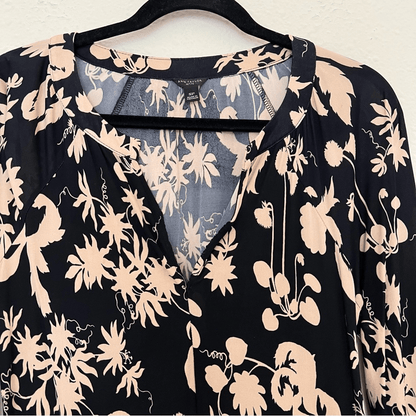 Ann Taylor Black Tan Floral Print Stretchy  Long Sleeve Blouse Top Size SP