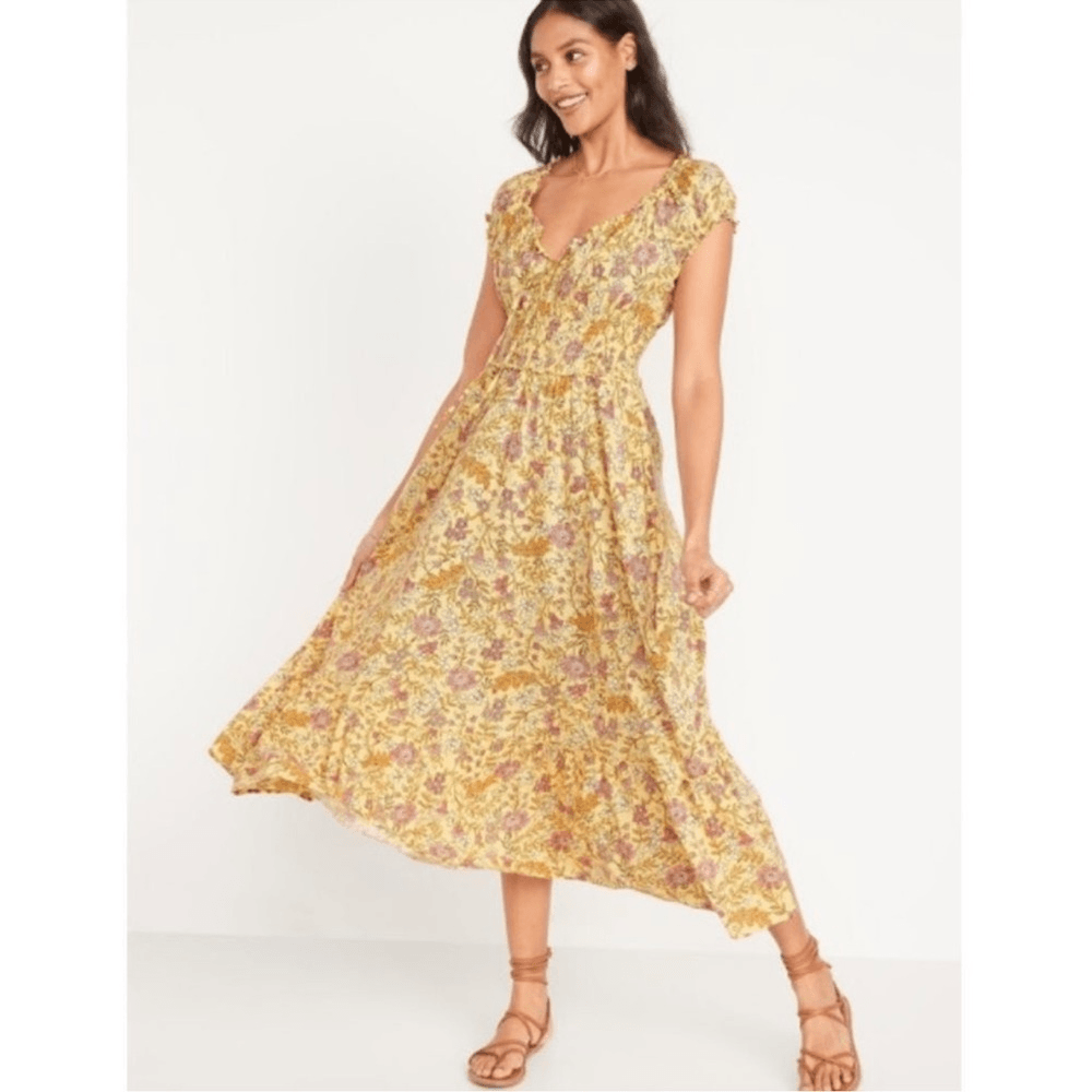 Old Navy Waist-Defined Short-Sleeve Printed Midi Dress in Yellow Floral NEW 2X