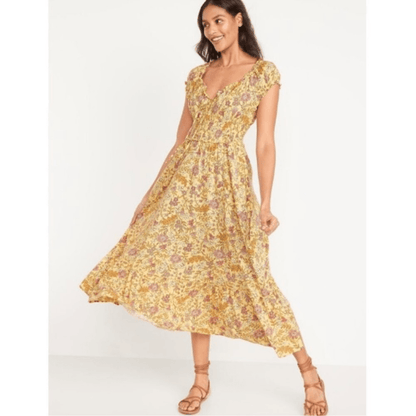 Old Navy Waist-Defined Short-Sleeve Printed Midi Dress in Yellow Floral NEW 2X