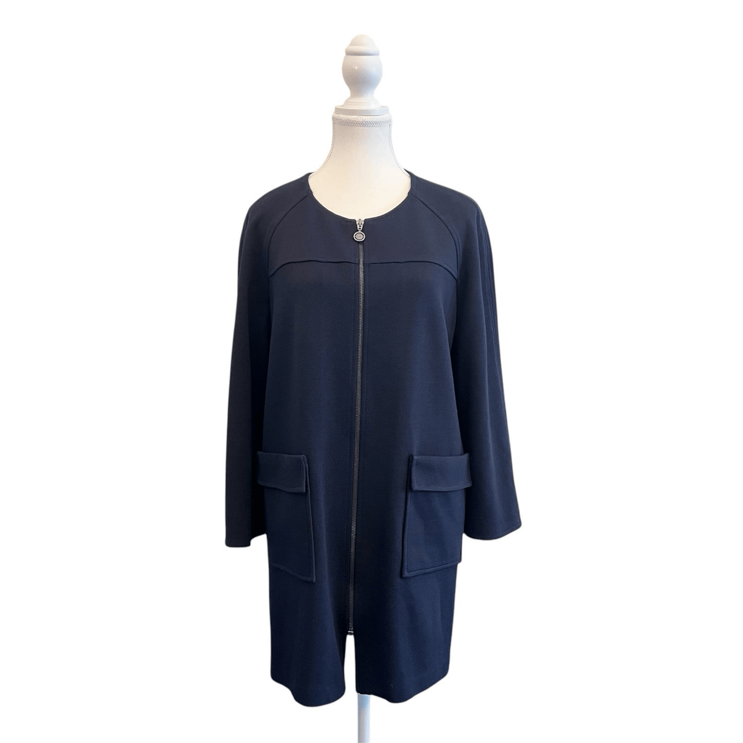 St. John Navy Blue Wool Blend Full Zip 3/4 Sleeve Knit Jacket Blazer Size Large