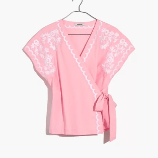 Madewell Embroidered Wrap Blouse Top Size XS in Pink