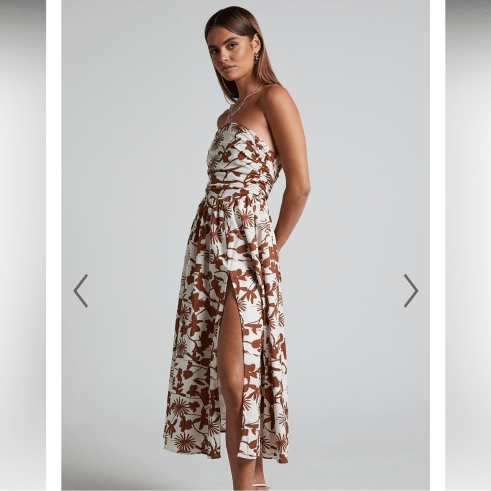Showpo Evita Floral Midi Dress Ruched High Split Strapless NEW Size 14