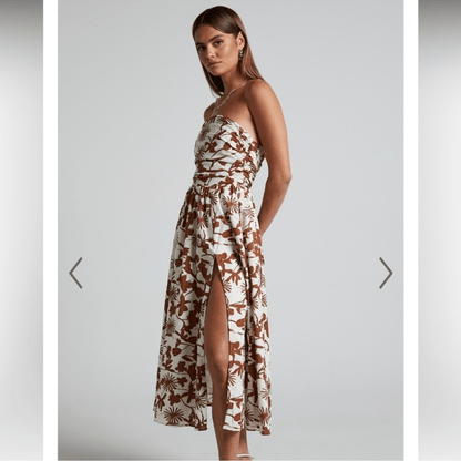 Showpo Evita Floral Midi Dress Ruched High Split Strapless NEW Size 14
