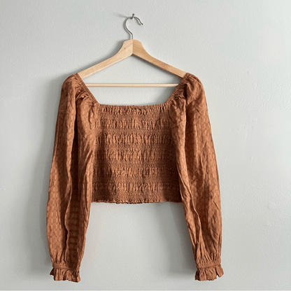 American Eagle Smocked Blouse NEW Brown Puff Long Sleeve Size Medium Square Neck