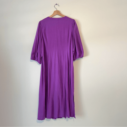 J.Jill Purple Button Front Linen Blend Midi Dress Puff Sleeve Size Large