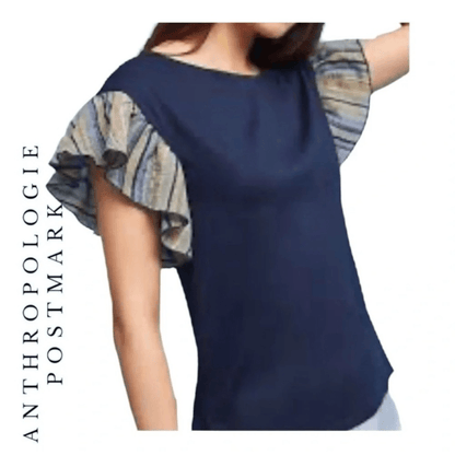 Anthropologie Postmark Seafarer Ruffle Sleeve Navy Blue Top Size Small