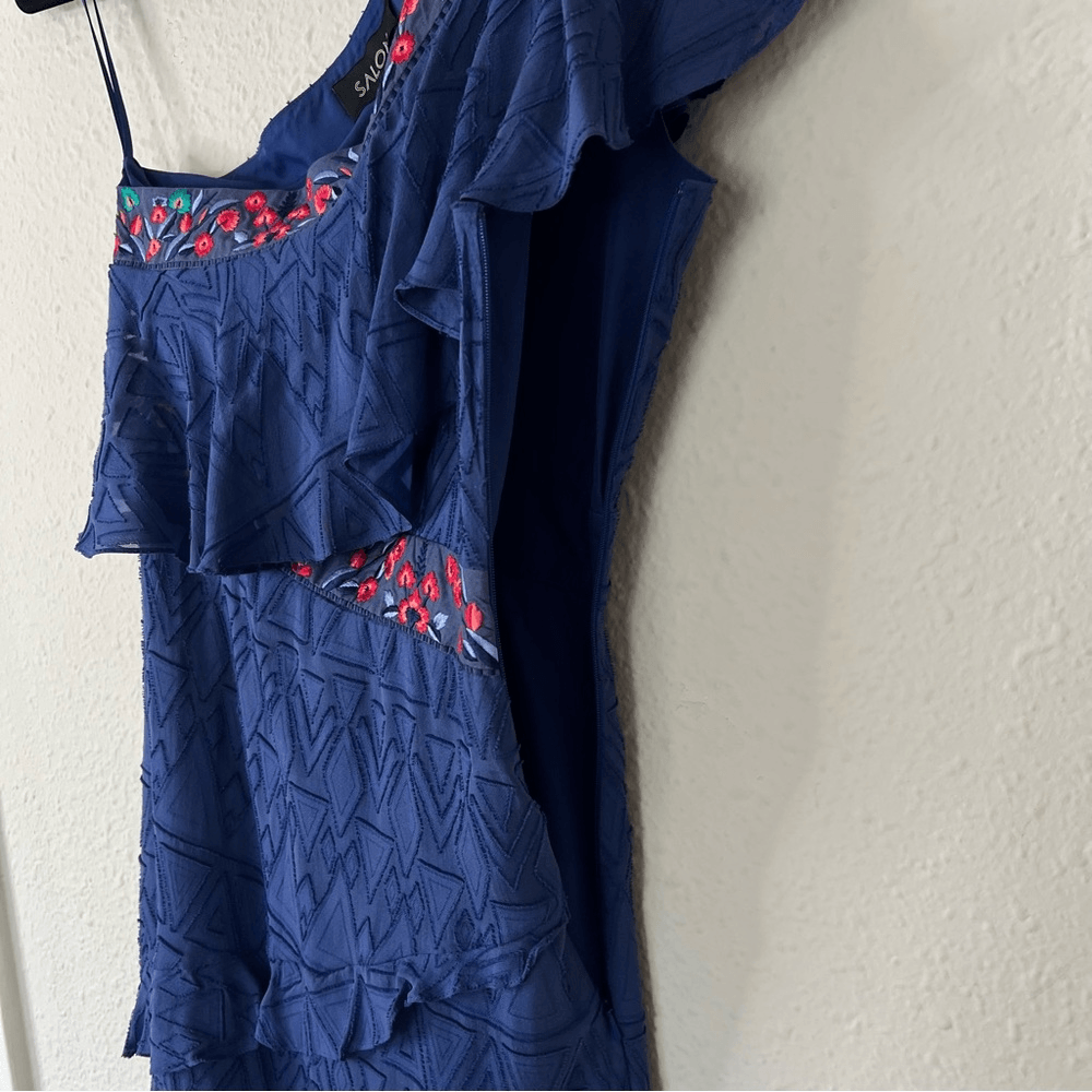 SALONI One Shoulder Ruffle Embroidered Silk Mini Dress Size 4