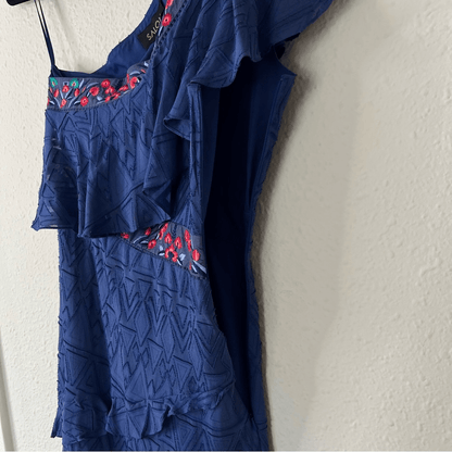 SALONI One Shoulder Ruffle Embroidered Silk Mini Dress Size 4