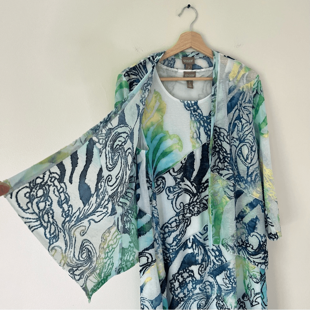 Chico's Blue and Green Patterned Mini Tunic Dress with Jacket Size 2 / L