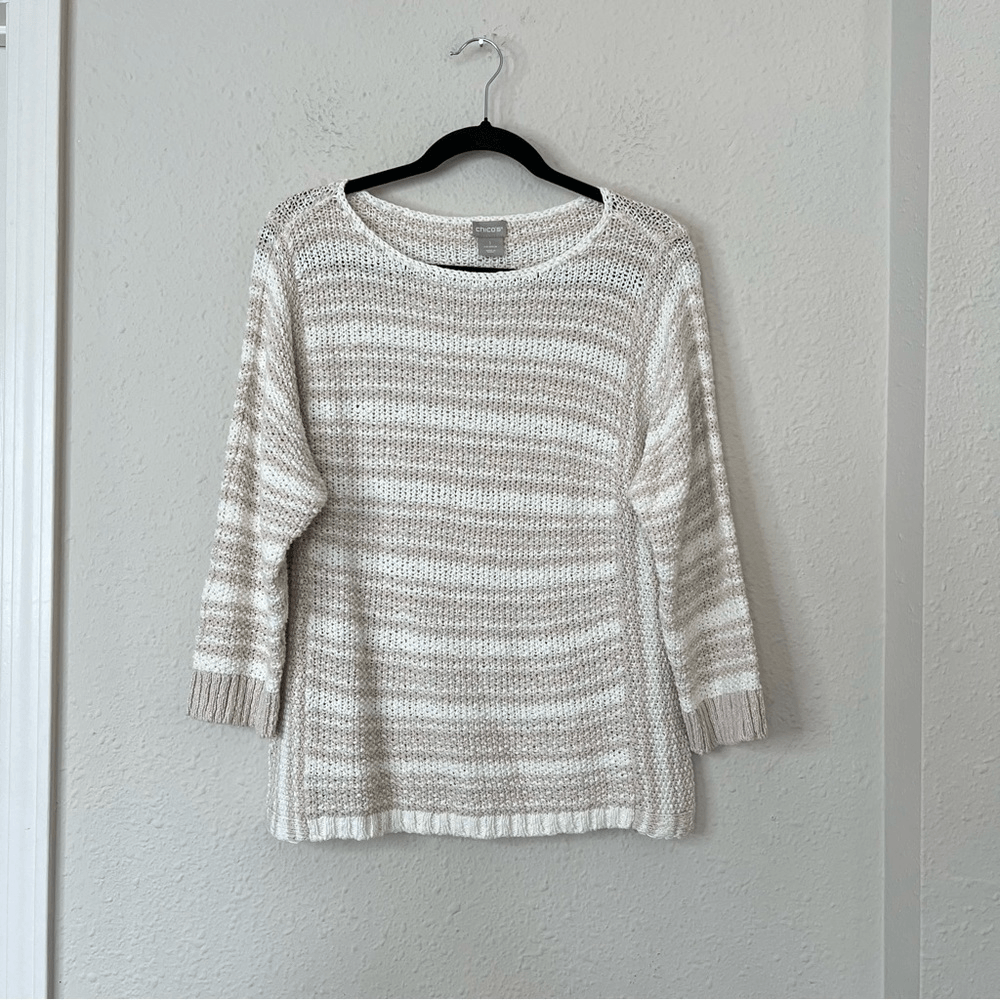 Chico's Striped Linen Blend Textured Chunky Knit Sweater Size Medium 3/4 Sleeve