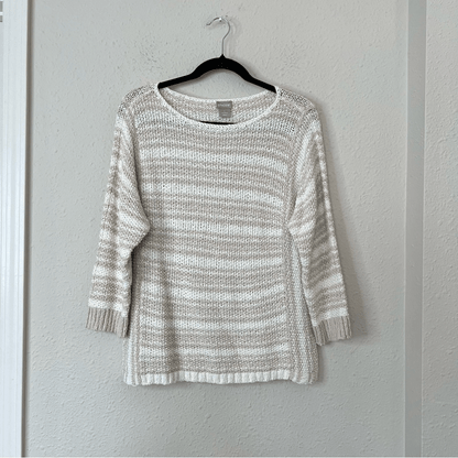 Chico's Striped Linen Blend Textured Chunky Knit Sweater Size Medium 3/4 Sleeve