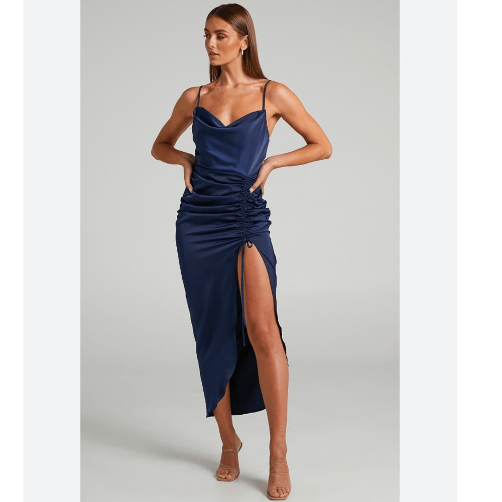 Showpo Lieselotte Midi Dress Ruched Front Split Cowl Neck Satin NEW Navy Blue 14