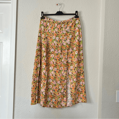 Open Edit Pleated Midi Skirt Orange Multi Meadow Floral Size Medium