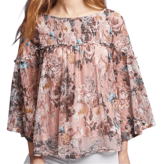 Anthropologie Akemi + Kin Patrizia Floral Lace Blouse Pink Medium Bell Sleeves